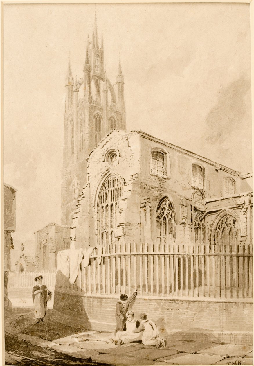 St Nicholasin kirkon kaakkoisnäkymä, Newcastle upon Tyne (muste (musta) paperille) tekijältä Thomas Miles Richardson