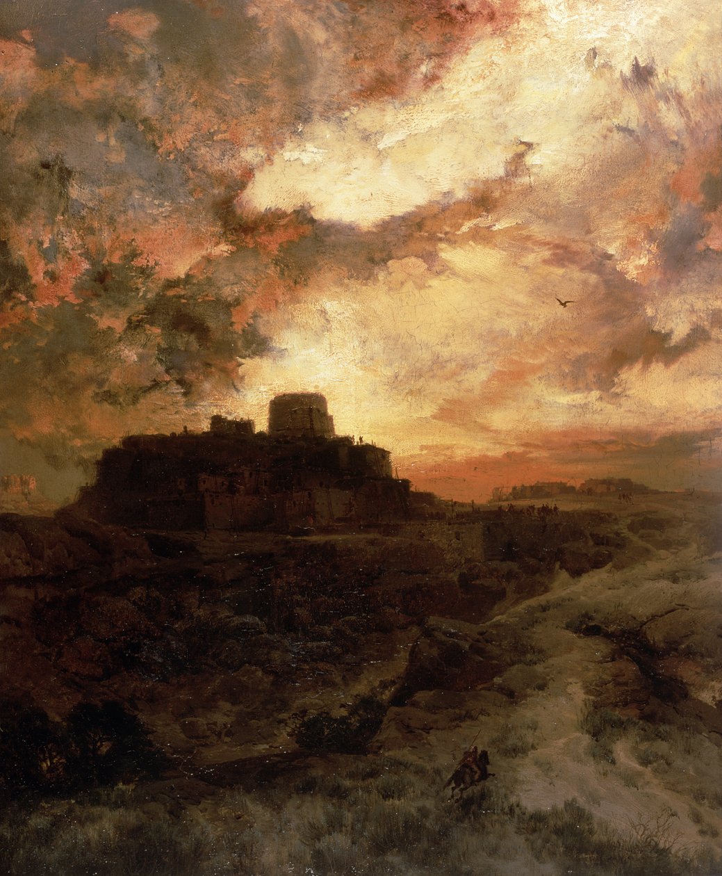 Auringonlasku, Walpen kaupunki, Arizona, 1880-luku tekijältä Thomas Moran
