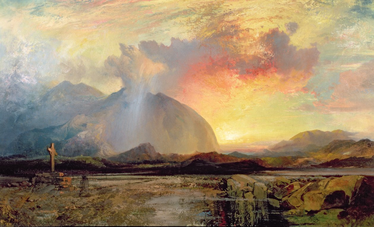 Auringonlaskun vesperit vanhalla karulla ristillä tekijältä Thomas Moran