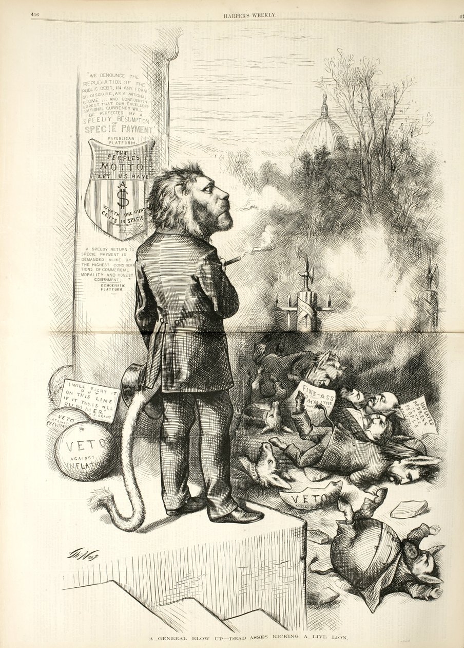 Yleinen räjähdys - Kuolleet aasit potkivat elävää leijonaa, 1874 (puukaiverrus) tekijältä Thomas Nast