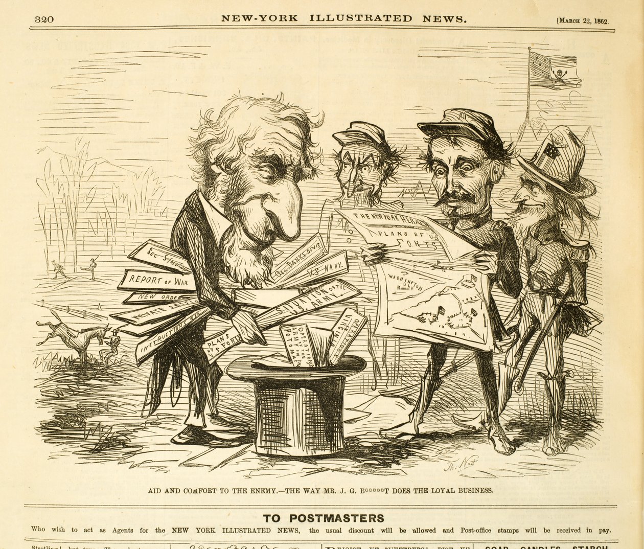 Apua ja lohtua viholliselle. - The Way Mr. J.G. B*****T Does the Loyal Business, 1862 (puukaiverrus). tekijältä Thomas Nast
