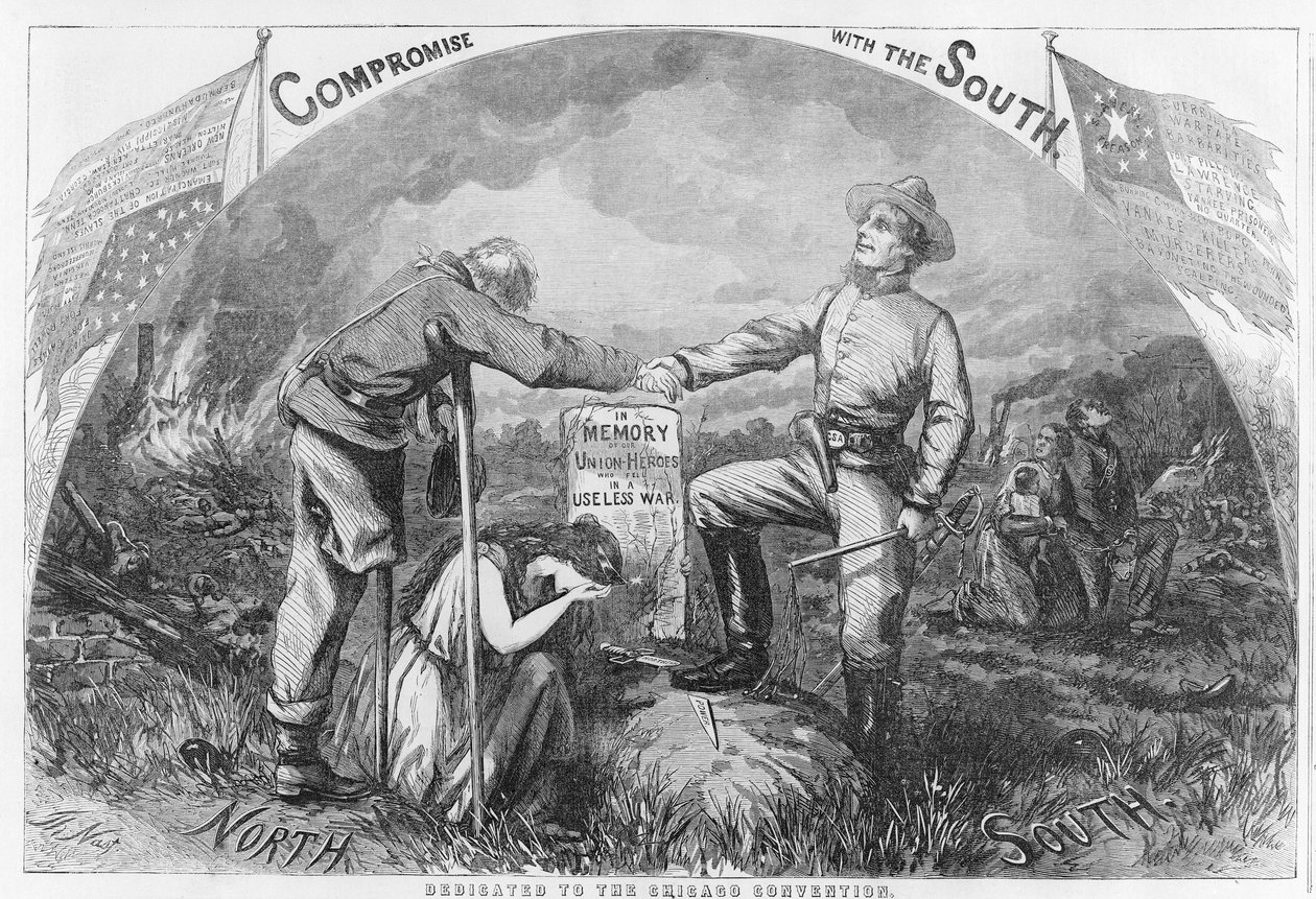 Kompromissi etelän kanssa – omistettu Chicagon sopimukselle, 1864 (puukaiverrus) tekijältä Thomas Nast