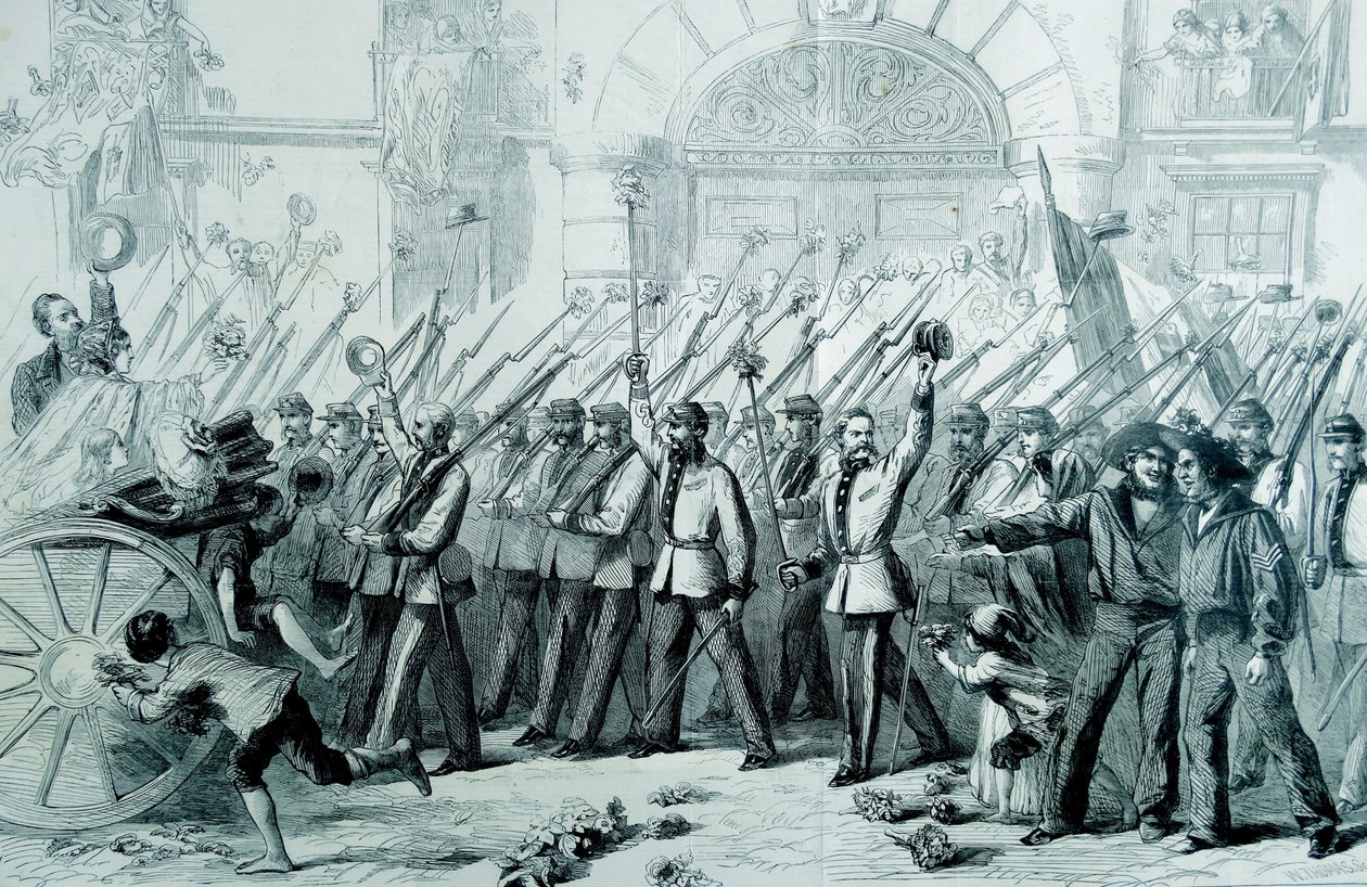 Innostunut vastaanotto annettiin brittiläisille vapaaehtoisille Garibaldille Napolissa, 1860 tekijältä Thomas Nast