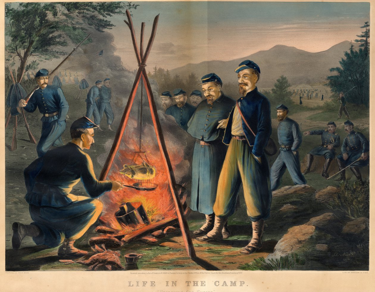 Life in the Camp, julkaisija Currier und Ives, 1863 tekijältä Thomas Nast