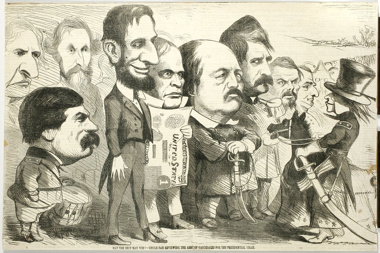 Paras mies voittaa! Setä Sam arvioimassa ehdokkaiden armeijaa, 1864 (puukaiverrus) tekijältä Thomas Nast