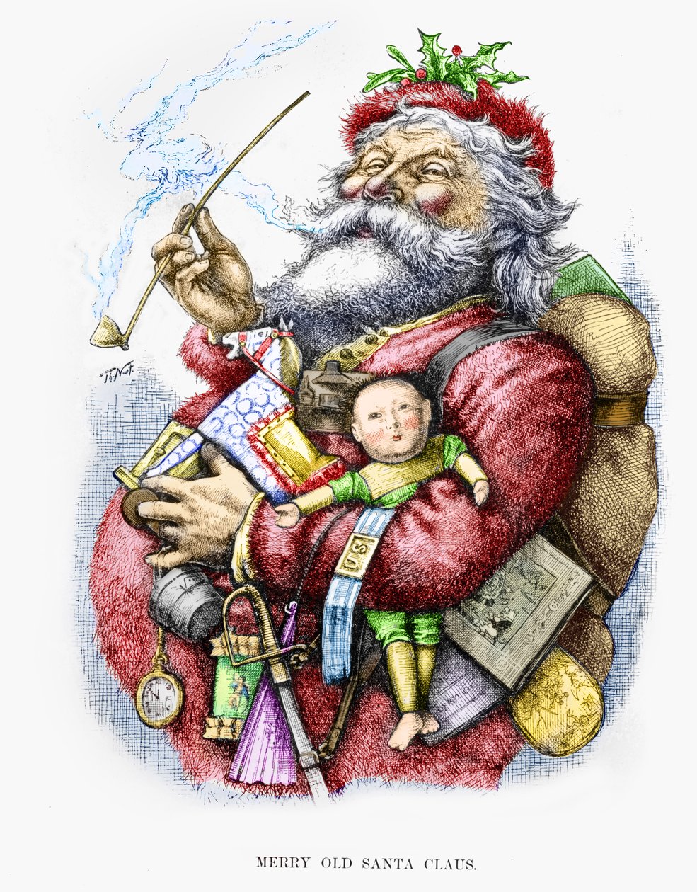 Merry Old Santa Claus, taiteilijan kaiverrus, 1889 (käsinvärinen kaiverrus) tekijältä Thomas Nast