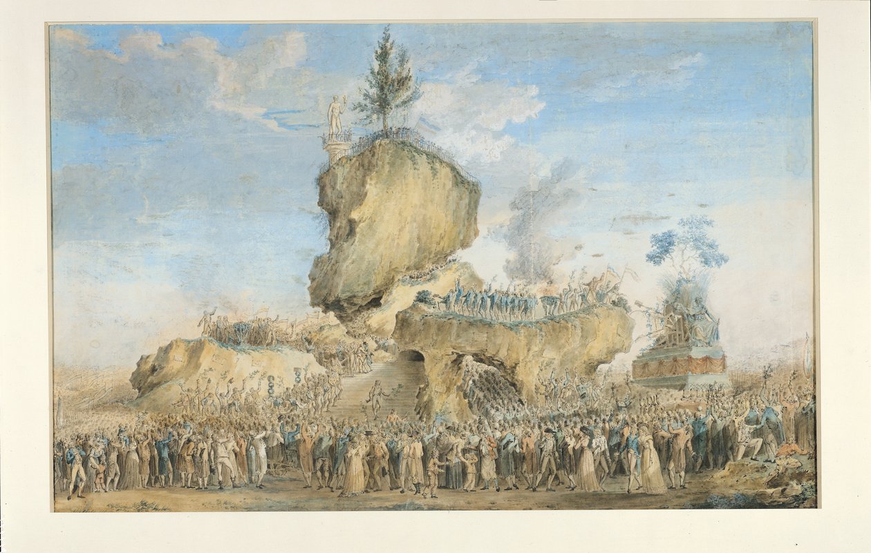 Korkeimman Olennon festivaali Champs-de-Marsilla, 20 Prairial An II (8. kesäkuuta 1794) (pastelli, guassi ja wc paperilla) tekijältä Thomas Naudet