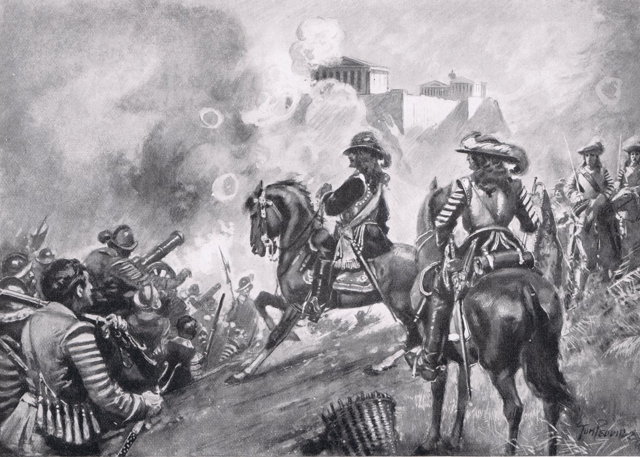 Francesco Morosini pommittaa Parthenonia, esimerkki Hutchinsonin kansojen historiasta tekijältä Thomas Peddie