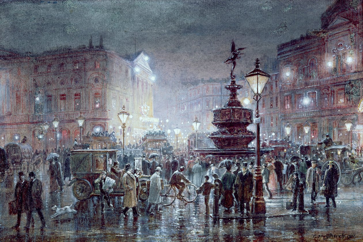 Piccadilly Circus at Night, 1911 (wc ja guassi paperilla) tekijältä Thomas Prytherch