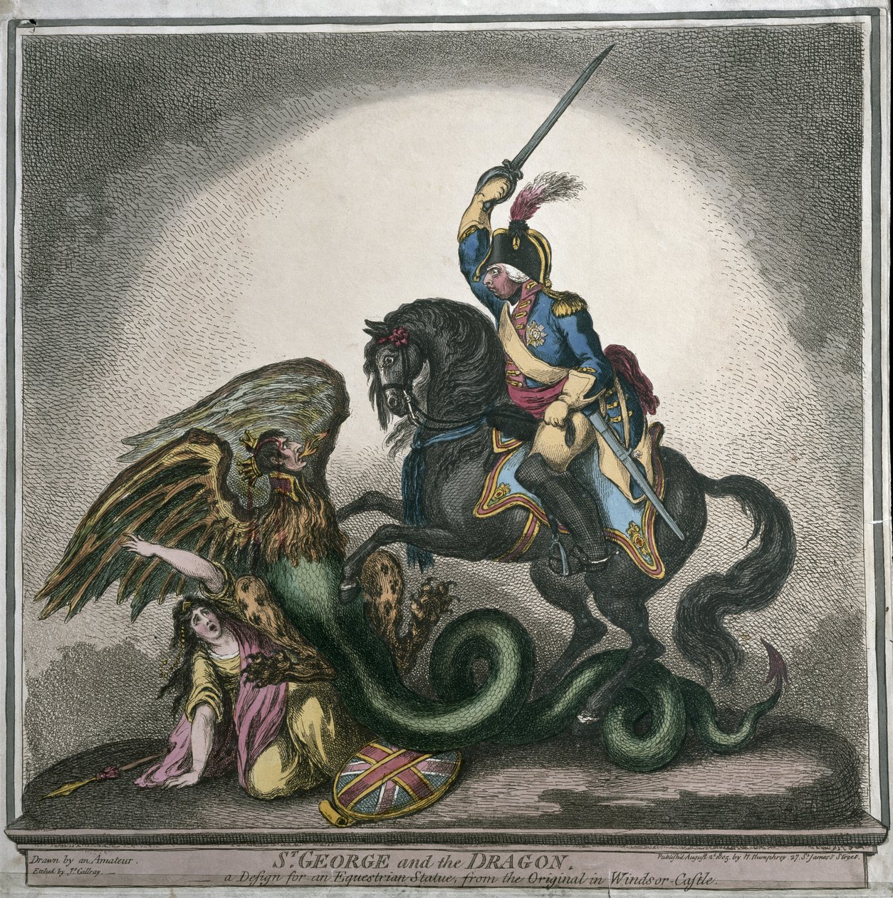 St. George and the Dragon, suunnittelu ratsastuspatsaalle, alkuperäisestä Windsorin linnassa, kaiverrettu James Gillray (1756-1815), julkaissut Hannah Humphrey vuonna 1805 (käsinvärinen etsaus) tekijältä Thomas Richmond Gale Braddyll
