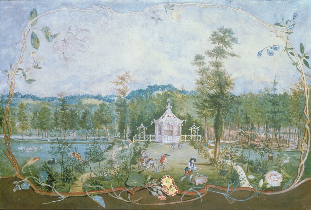 Kiinalainen paviljonki englantilaisessa puutarhassa, 1700-luku (wc ja guassi paperilla) tekijältä Thomas Robins