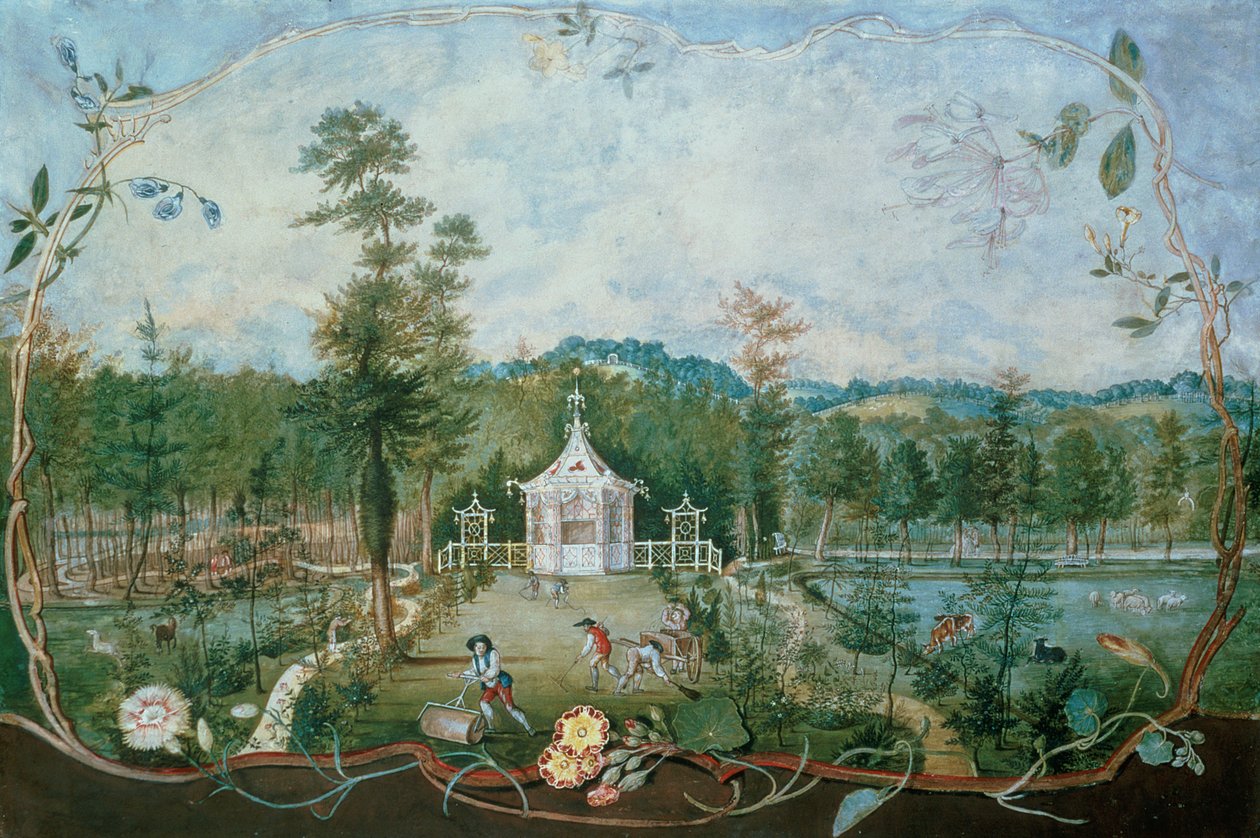 Kiinalainen paviljonki englantilaisessa puutarhassa, 1700-luku (wc ja guassi paperille). tekijältä Thomas Robins