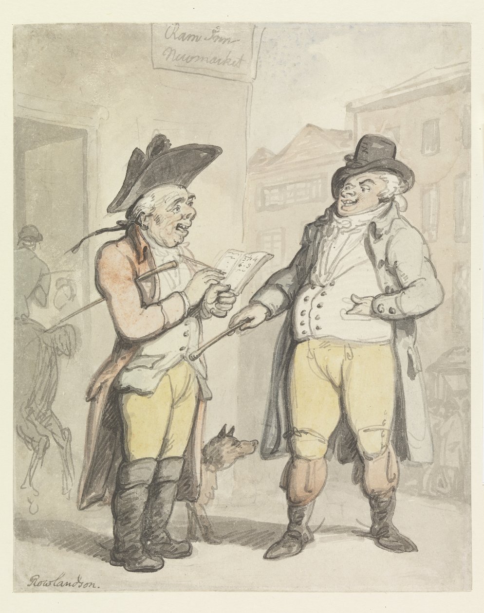Vedonvälittäjä ja hänen asiakkaansa Ram Innin ulkopuolella, Newmarket (wc kynällä ja musteella paperilla) tekijältä Thomas Rowlandson