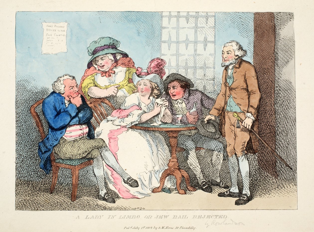 A Lady In Limbo or Jew Bail Rejected, 1802 (käsinvärjätty loppukuviointi). tekijältä Thomas Rowlandson