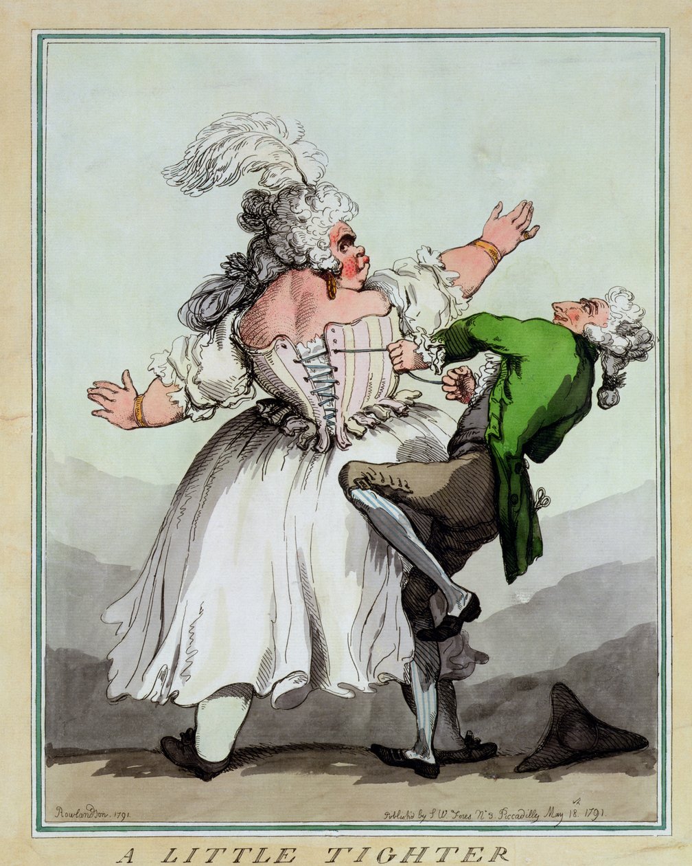 Vähän tiukempaa, pubi. kirjoittanut S.W. Fores, 1791 (värillinen etsaus) (pari 125714) tekijältä Thomas Rowlandson