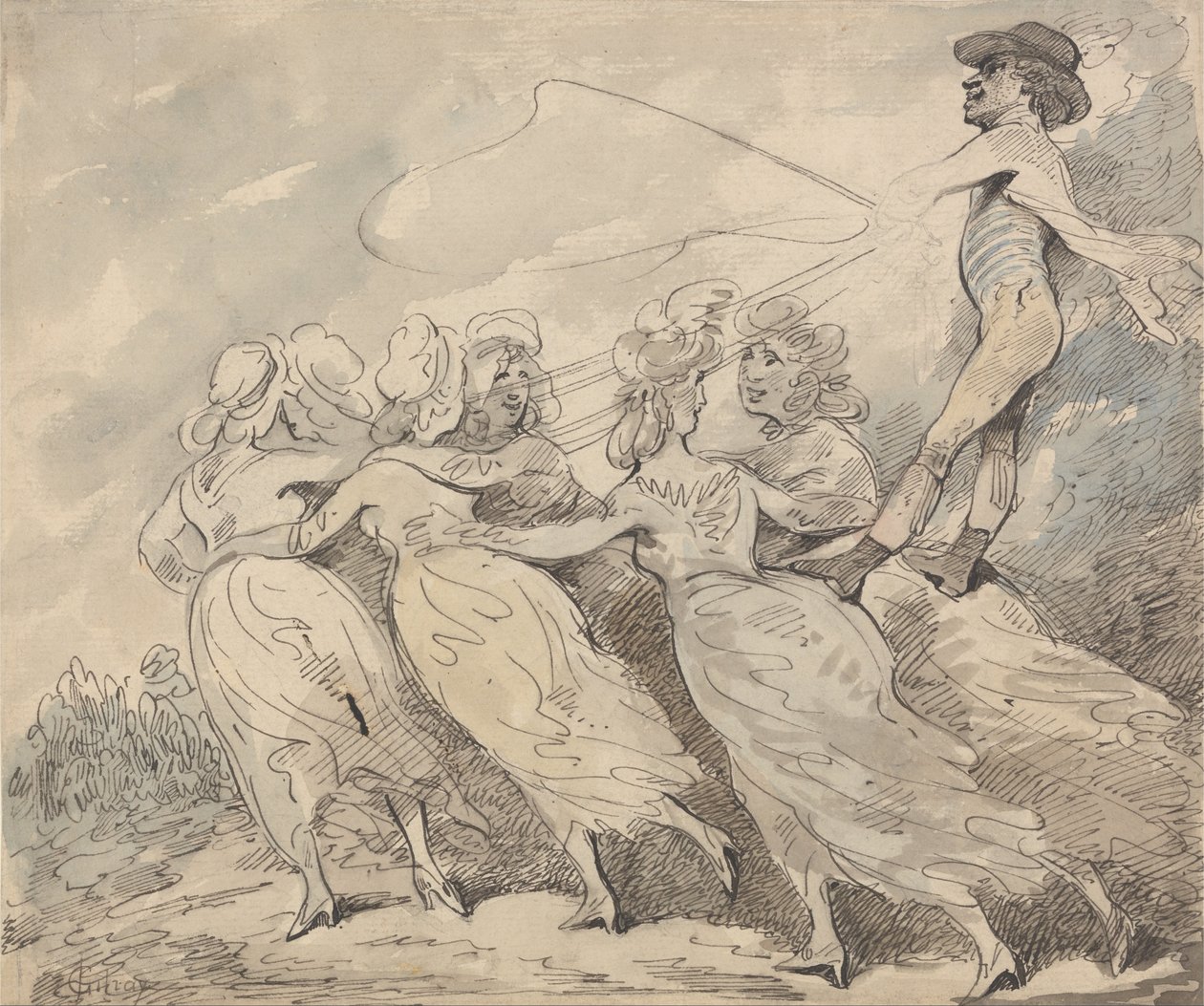 Mies ajaa kuuden tytön tiimiä tekijältä Thomas Rowlandson