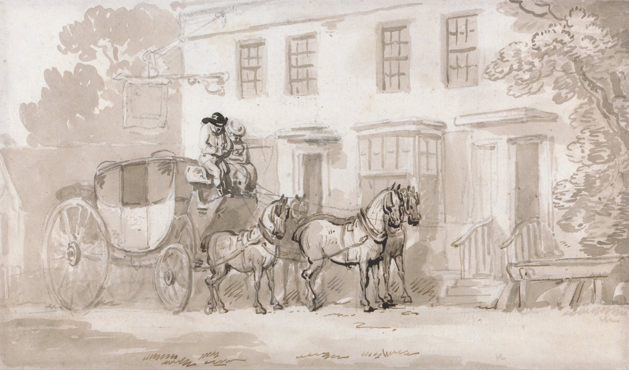 Lavavalmentaja majatalon sisäänkäynnin ulkopuolella tekijältä Thomas Rowlandson