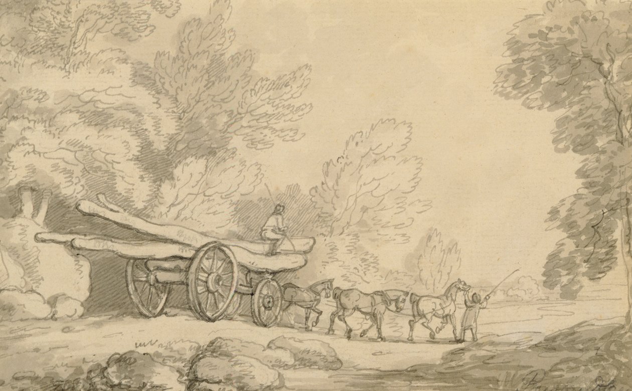 Timber Wagon, n. 1790 (kynä ja muste, pesu grafiitin päällä paperilla) tekijältä Thomas Rowlandson