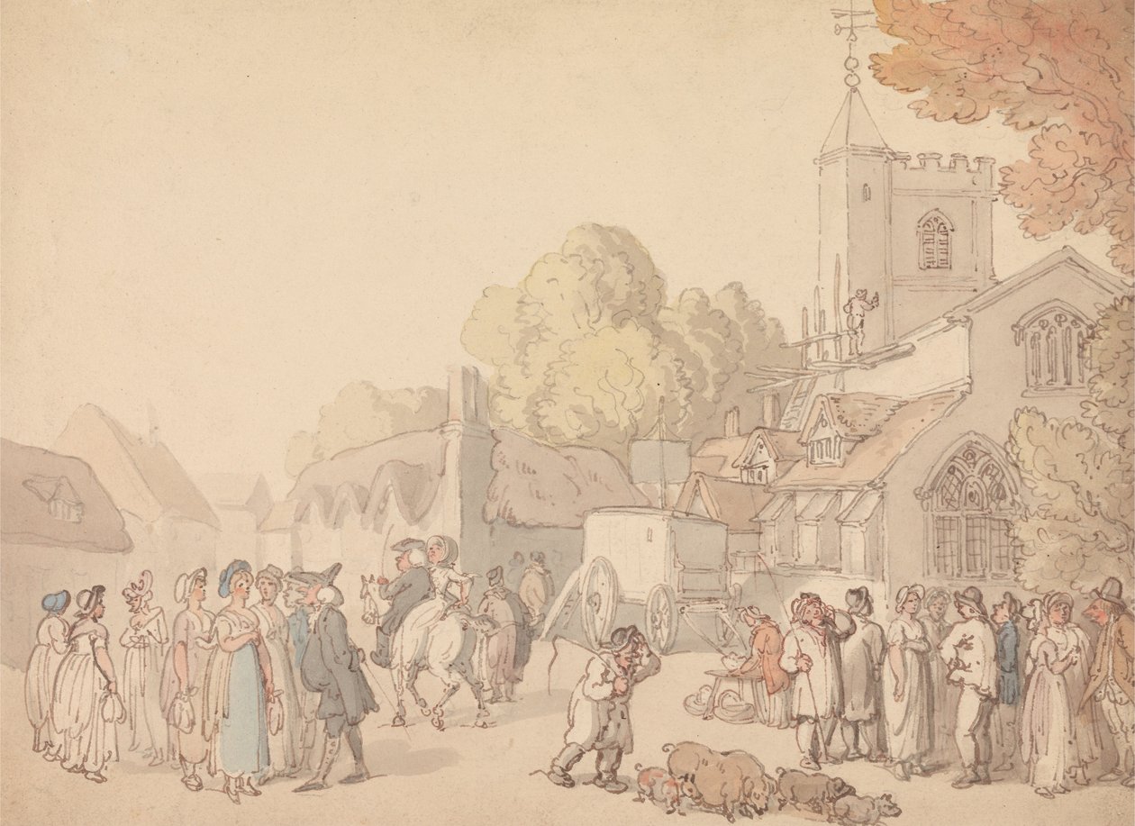 Kyläkuvaus kirkon ulkopuolella tekijältä Thomas Rowlandson