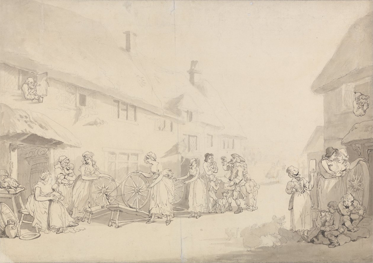 Kyläkuvaus tyttöjen pyörivän kanssa tekijältä Thomas Rowlandson