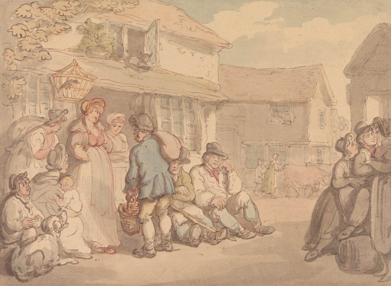 Kyläkuva, jossa talonpojat lepäävät tekijältä Thomas Rowlandson