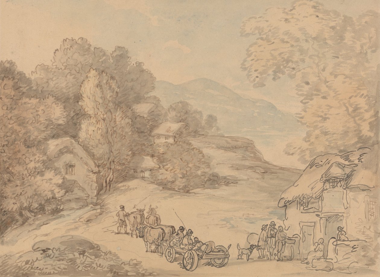 Kylä mäkisessä maisemassa tekijältä Thomas Rowlandson