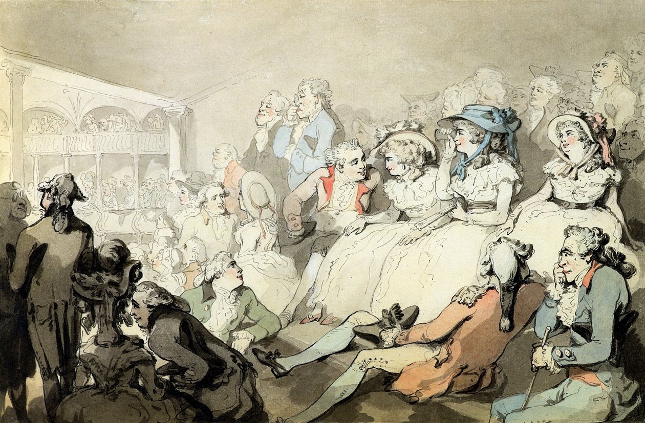 Yleisö katsomassa näytelmää, n. 1785 (kynä ja muste ja wc paperilla) tekijältä Thomas Rowlandson
