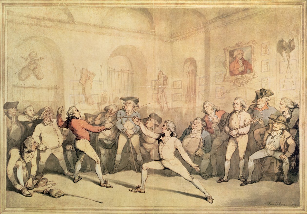 Angelon miekkailuhuone, pubi. 1787 (tulostus) tekijältä Thomas Rowlandson