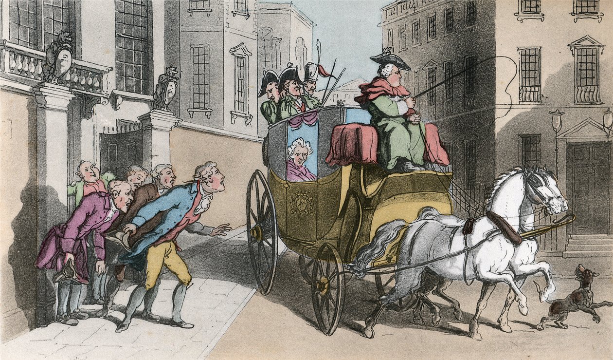 Osallistuminen aatelismiehelle, kuvitus Oliver Goldsmithin teoksesta "The Vicar of Wakefield", pubi. Ackermann, 1817 (käsinvärinen akvatinta) tekijältä Thomas Rowlandson