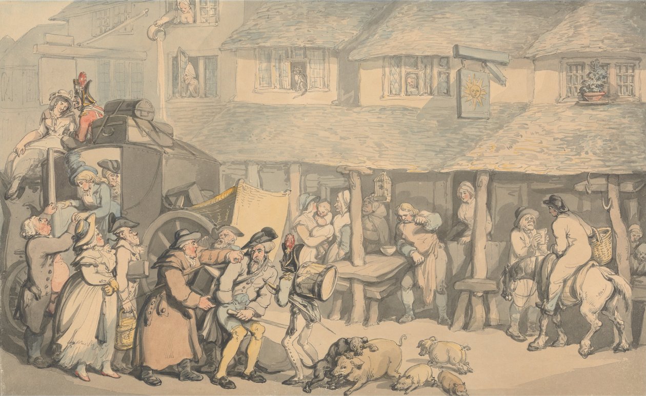 Bodmin Cornwall - Linja-auton saapuminen tekijältä Thomas Rowlandson
