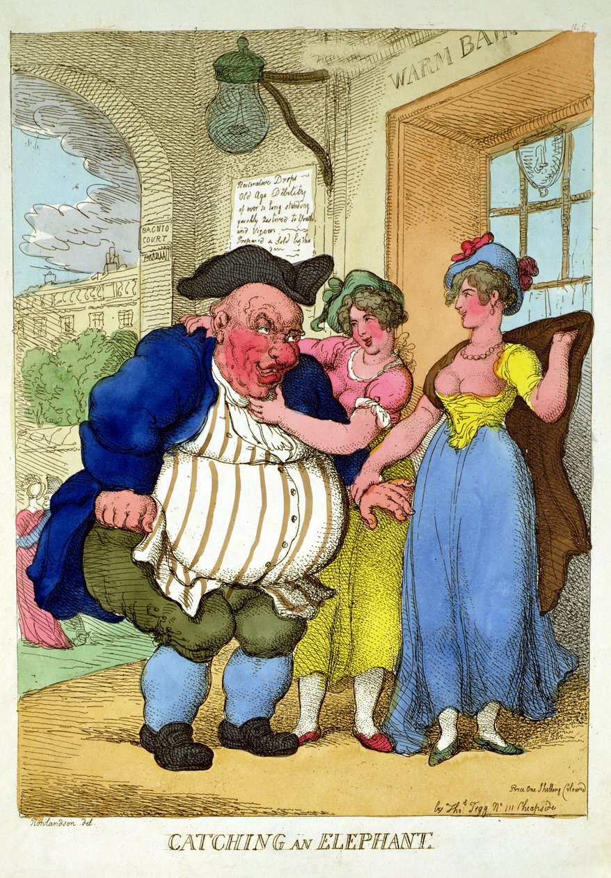 Elefantin pyydystäminen, 1812 tekijältä Thomas Rowlandson