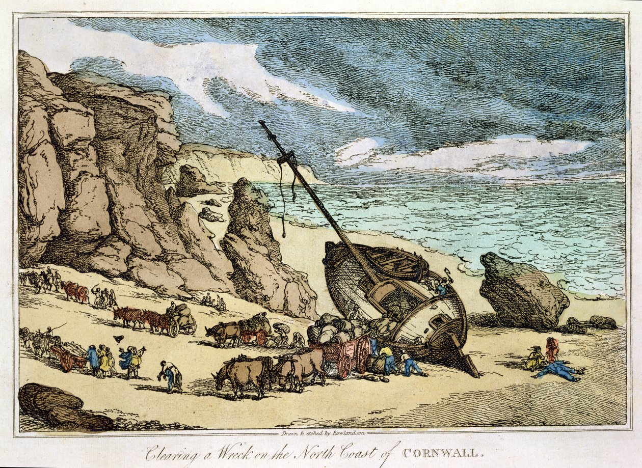 Hylkyn selvittäminen Cornwallin pohjoisrannikolla, julkaisusta "Sketches from Nature", julkaistu 1822 (käsinvärinen etsaus) tekijältä Thomas Rowlandson