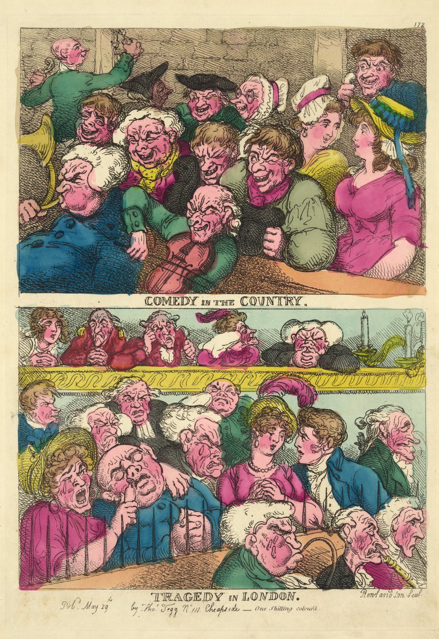 Komedia maalla, Tragedia Lontoossa, 1807 (käsinvärinen kaiverrus) tekijältä Thomas Rowlandson