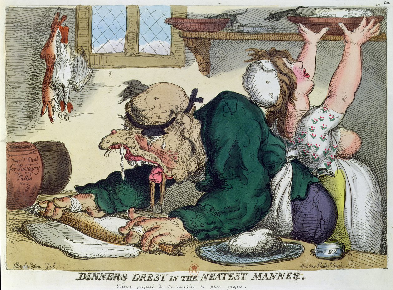 Dinners Drest in Neatest Manner, satiirinen sarjakuva kulinaarisesta hygieniasta tekijältä Thomas Rowlandson