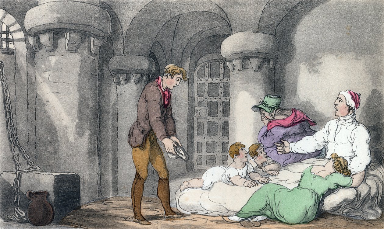 Kotimainen järjestely vankilassa, kuvitus Oliver Goldsmithin teoksesta "The Vicar of Wakefield", pubi. Ackermann, 1817 (käsinvärinen akvatinta) tekijältä Thomas Rowlandson