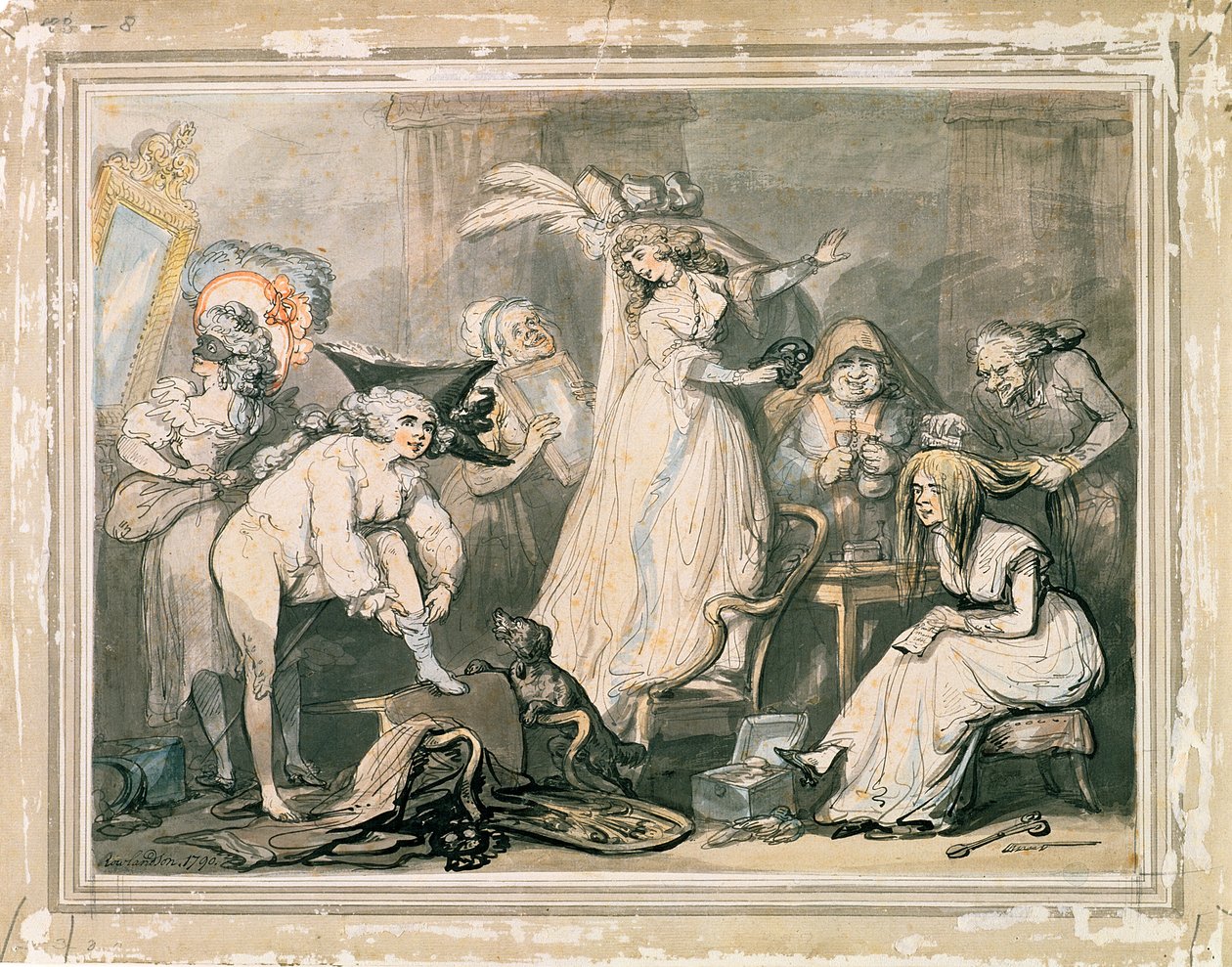 Naamiaispukeutuminen, 1790 (kynä ja wc kynän päällä paperilla) tekijältä Thomas Rowlandson