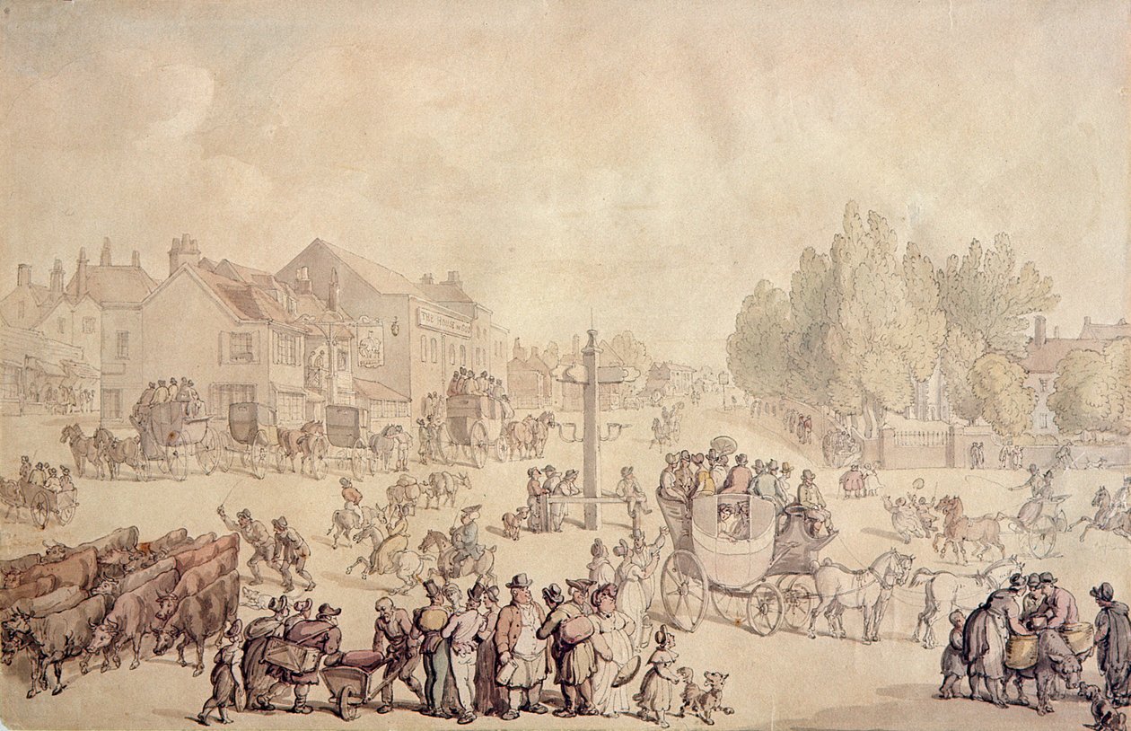 Elefantti ja linna (käsinvärinen kaiverrus) tekijältä Thomas Rowlandson