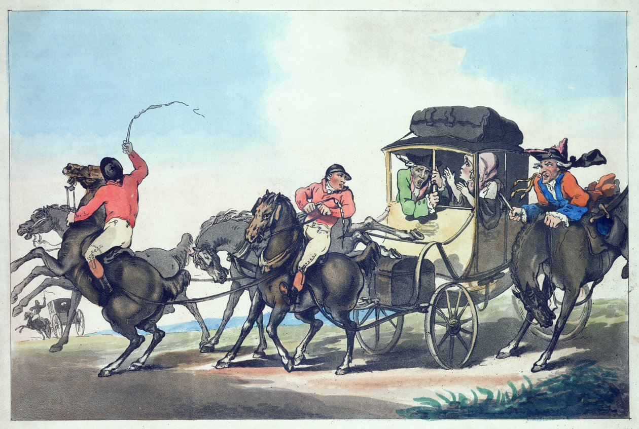 Englantilainen matka tai ensimmäinen vaihe Doverista, akvatintoi Francis Jukes (1747-1812), pub. kirjoittanut T. Smith, 1785 (värillinen etsaus akvatintalla) (pari 125734) tekijältä Thomas Rowlandson