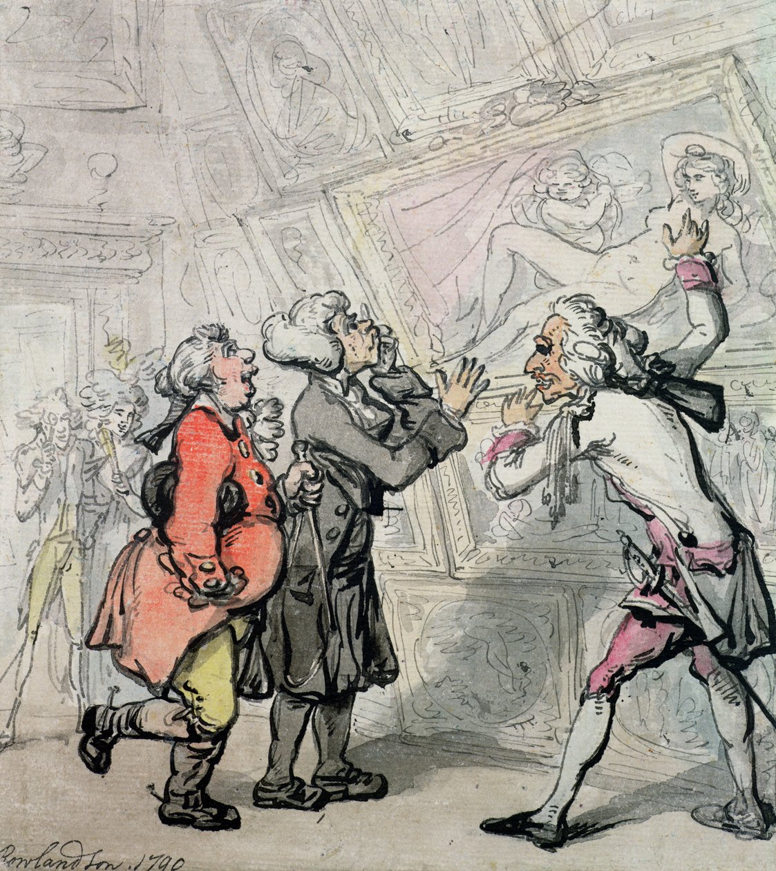 Englantilaiset katselemassa kuvia Grand Tourilla, 1790 (muste ja wc paperilla) tekijältä Thomas Rowlandson