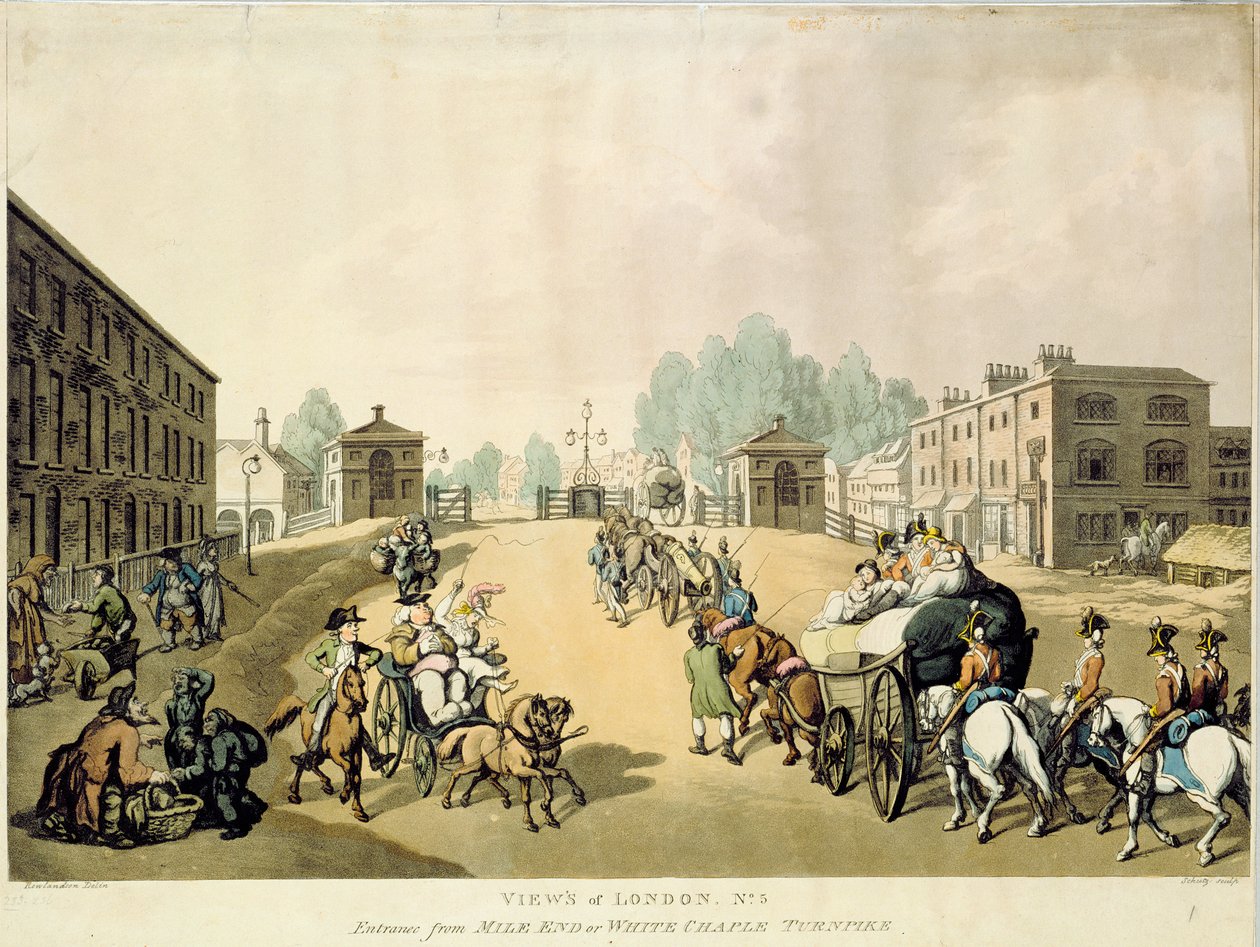 Sisäänkäynti Mile Endistä tai Whitechapel Turnpikesta. tekijältä Thomas Rowlandson