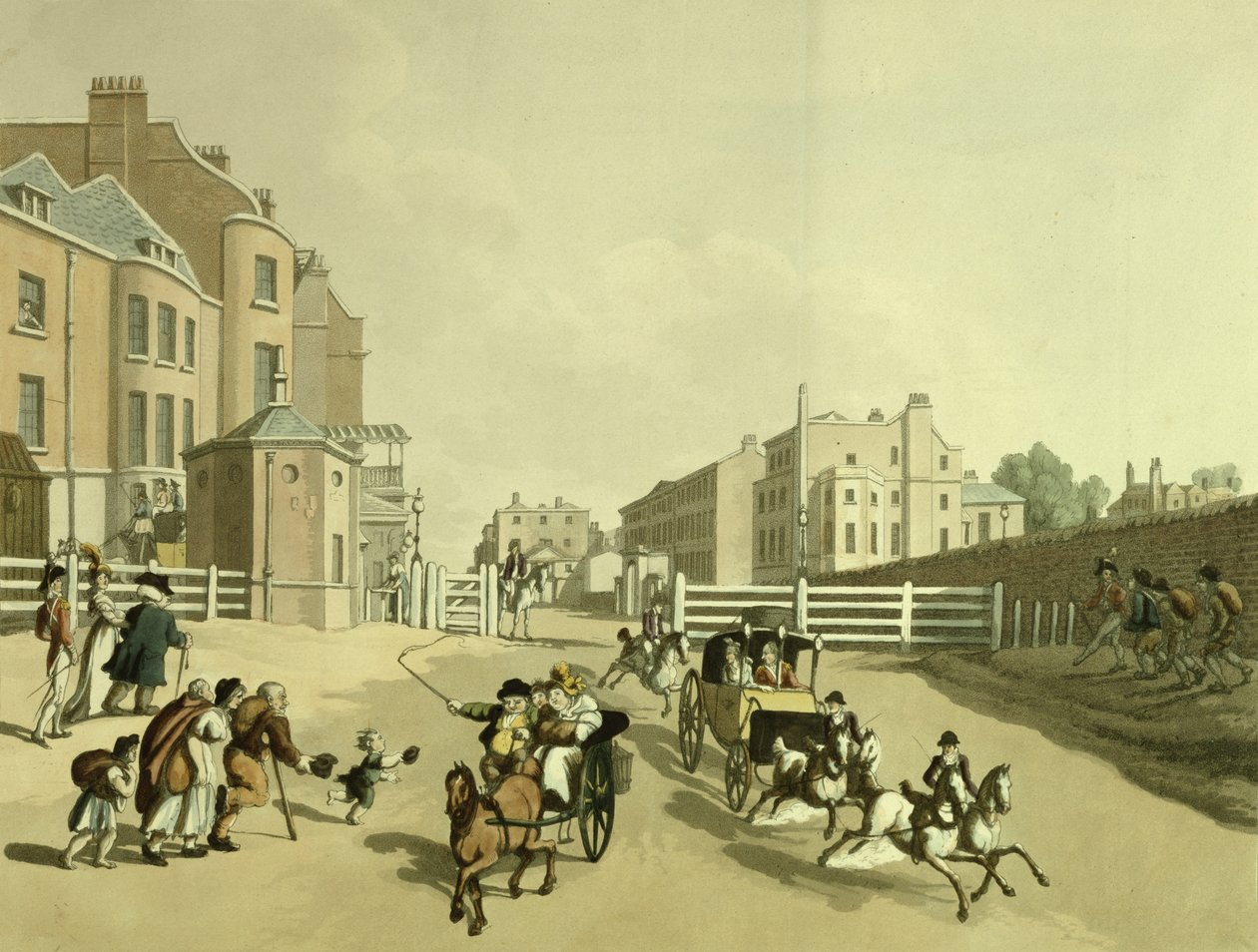 Oxford Streetin sisäänkäynti Tyburn Turnpikessa, josta on näkymä Park Lanelle, 1798 tekijältä Thomas Rowlandson