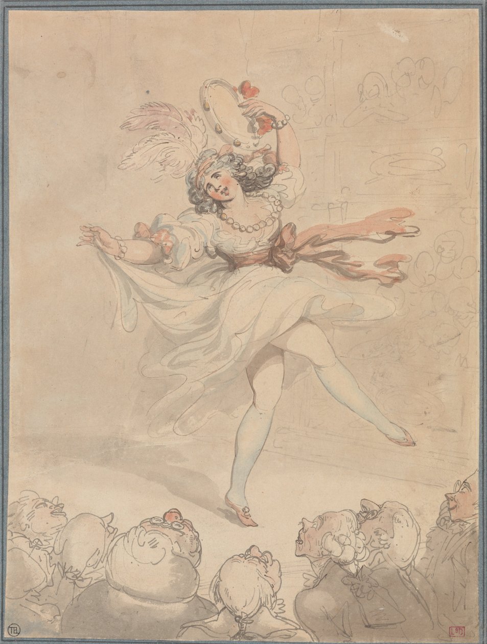 Naispuolinen tanssija tamburiinin kanssa tekijältä Thomas Rowlandson