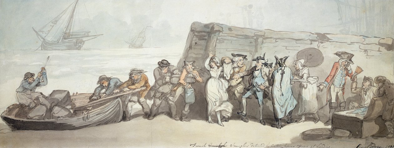 Ranskalaiset salakuljettajat havaitsivat Landingissa, 1790 (kynä ja muste, wc ja mustepesu paperille) tekijältä Thomas Rowlandson