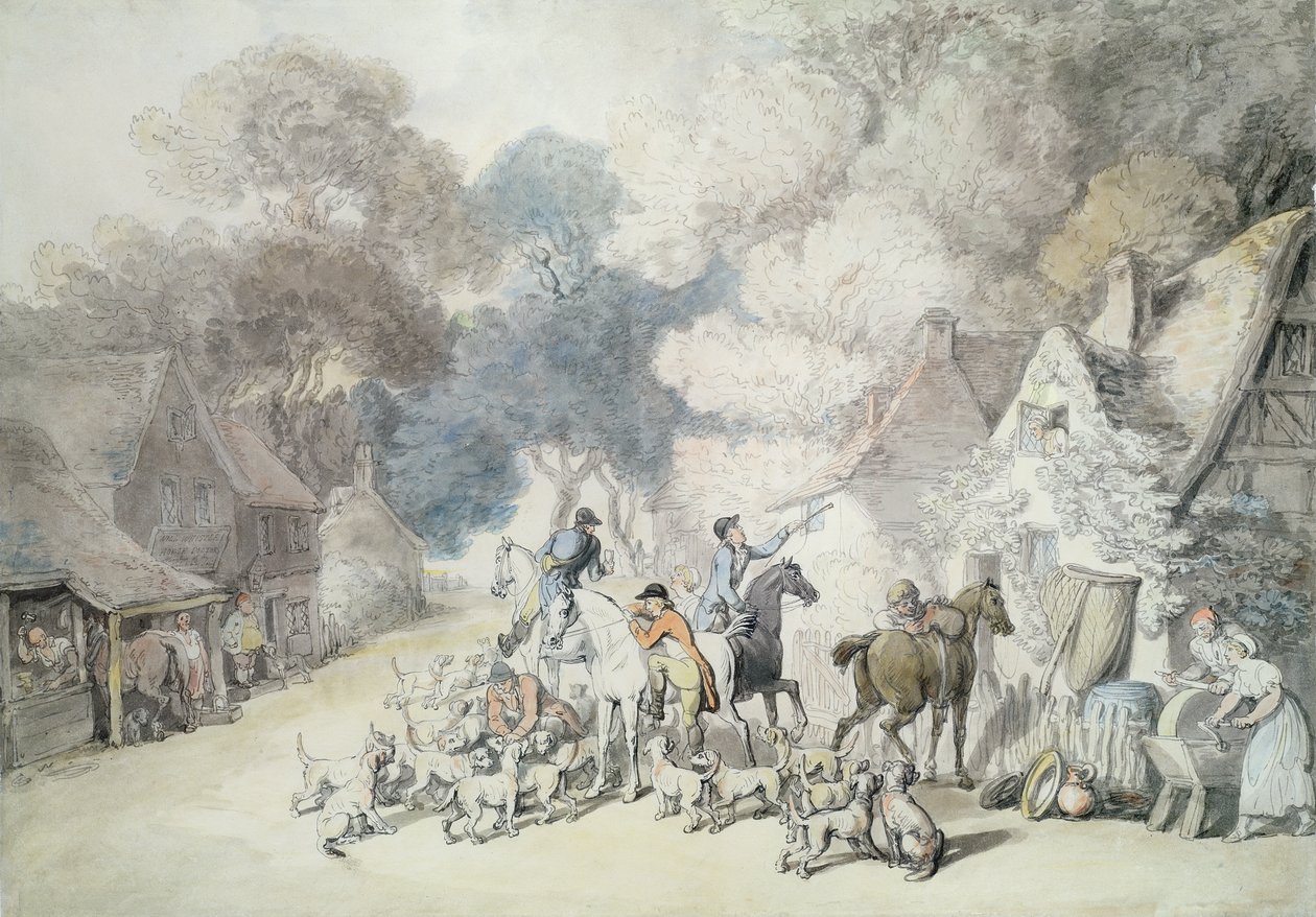 Going Out in the Morning, kohtaus Windsor Forestissa, n. 1801 (kynä ja wc paperilla) tekijältä Thomas Rowlandson