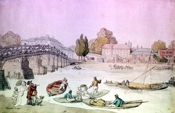 Hampton Bridge pisteillä ja proomuilla (wc) tekijältä Thomas Rowlandson