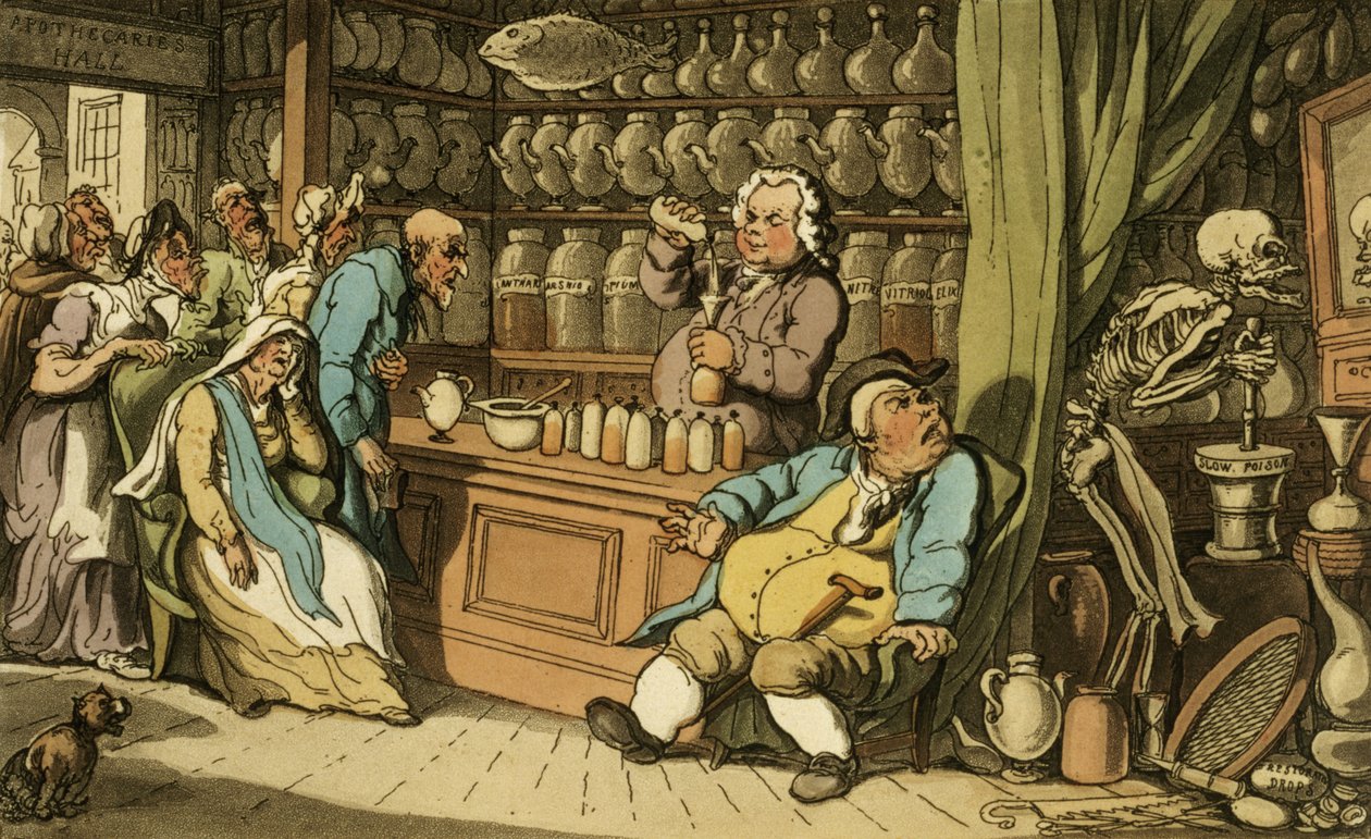 Minulla on salainen taito parantaa kaikki ihmisten kärsimät sairaudet, Rudolph Ackermannin (1764-1834) julkaisemasta 