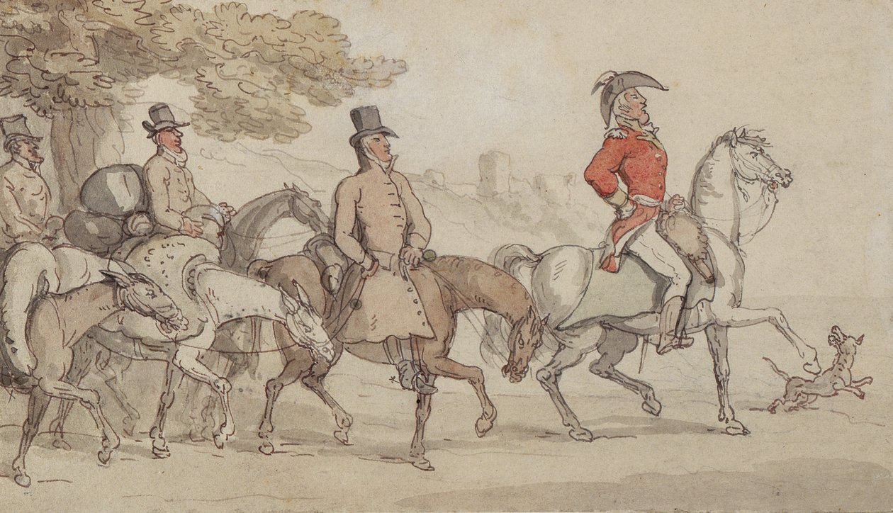 Kuvituksia elokuvaan The Military Adventures of Johnny Newcome: Katkosi hänen sviittinsä Santaremiin sinä iltana, John Mitford (1782-1831) (kynä ja muste ja wc paperilla) tekijältä Thomas Rowlandson