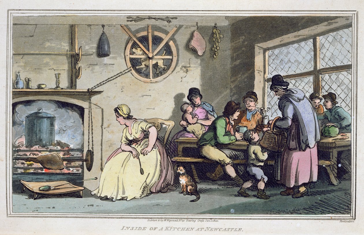 Inside of a Kitchen at Newcastle, julkaistu 1800 tekijältä Thomas Rowlandson