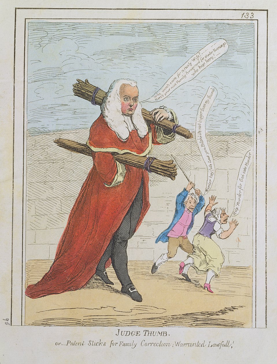 Judge Thumb - or Patent Sticks for Family Correction; Warranted Lawfull, pilapiirros tuomari Butlerista, Rowlandson