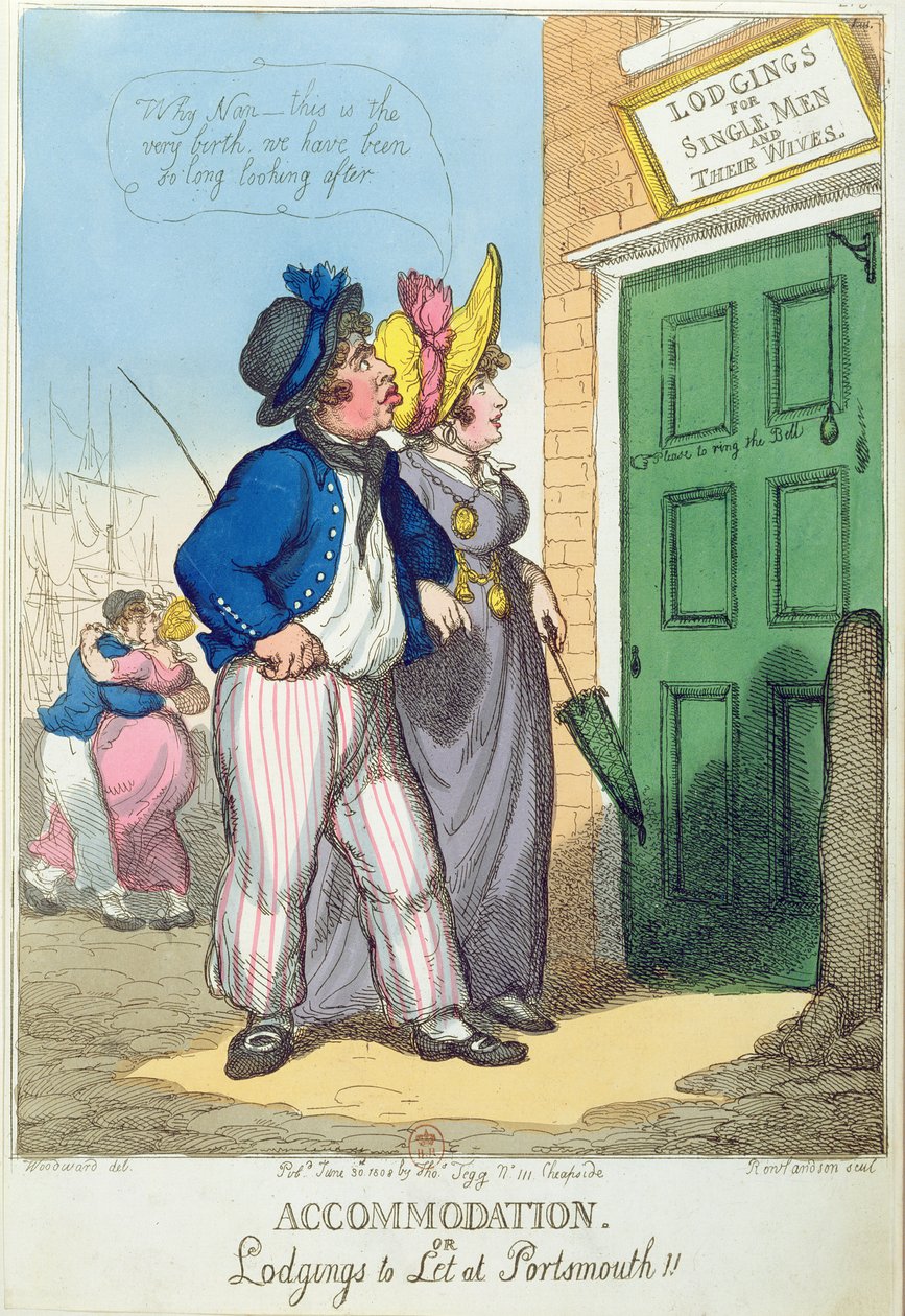 Majoitus naimattomille miehille ja heidän vaimoilleen Portsmouthissa, 1808 tekijältä Thomas Rowlandson